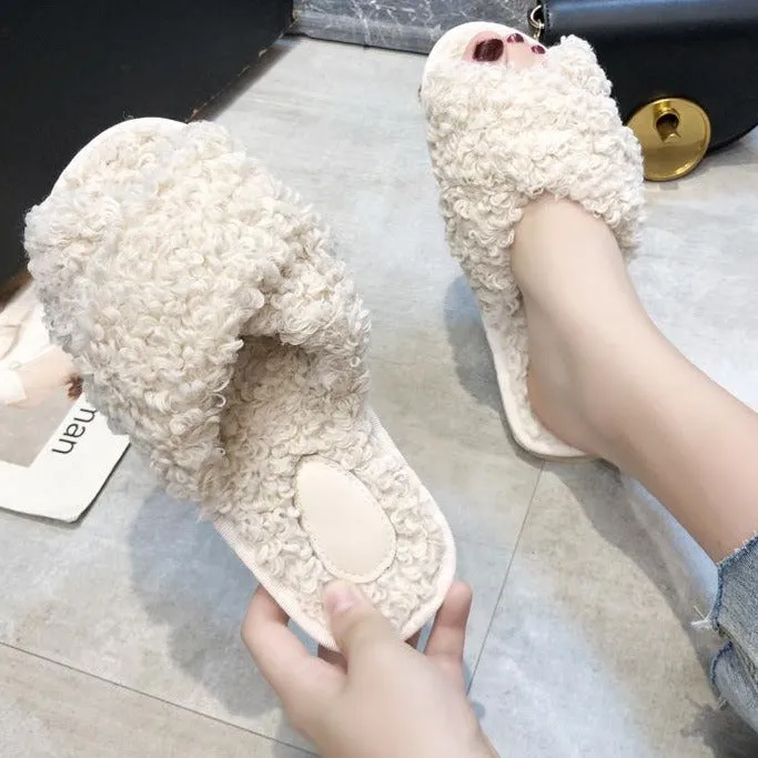 Women's curly furry slippers criss cross house shoes Waffle House Slides