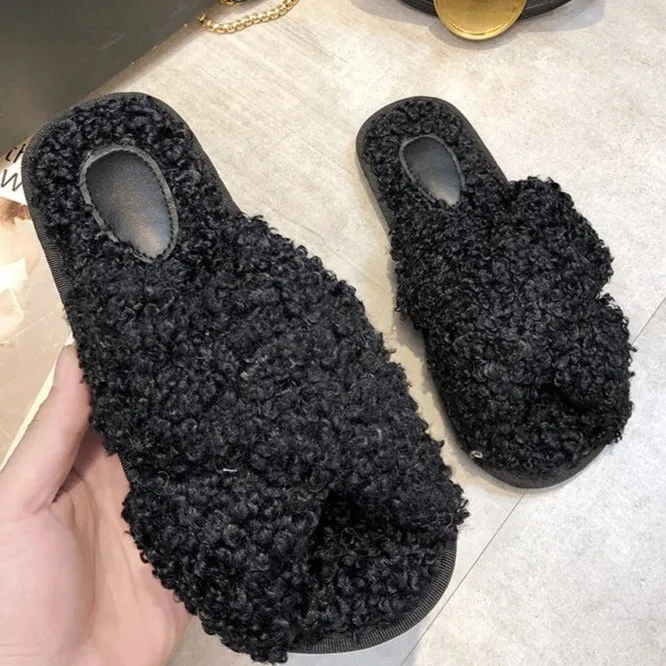 Walmart Dearfoam Slippers Women's curly furry slippers criss cross house shoes