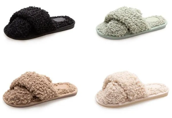 Women's curly furry slippers criss cross house shoes Miku Slippers
