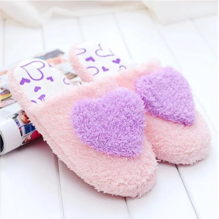 Women's cute heart slippers soft plush warm house shoes Slippers With Bow
