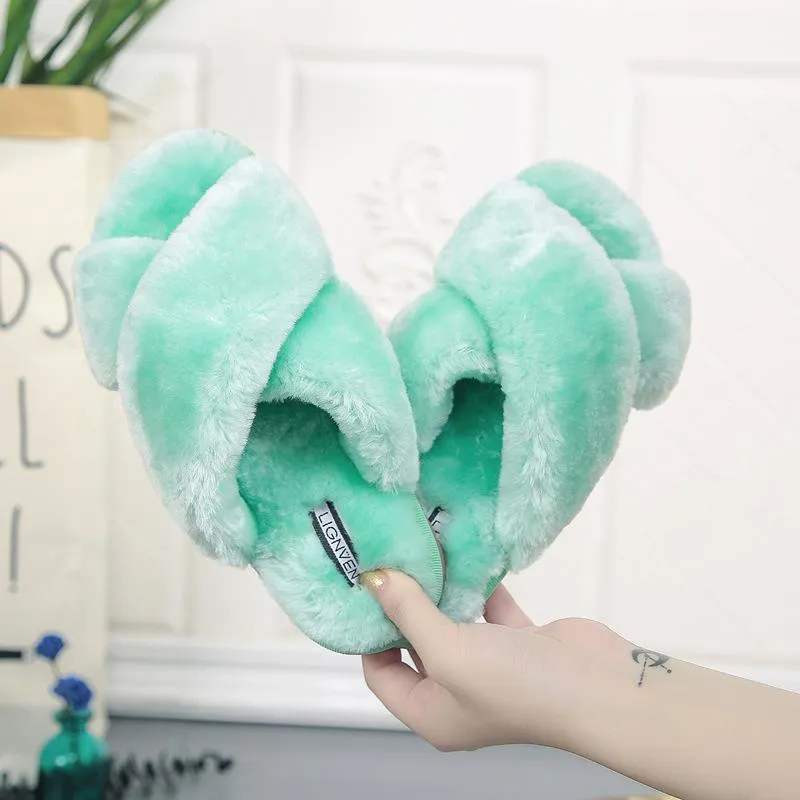 Women's fashion criss cross furry slippers winter warm house shoes solid color Kooba Slippers