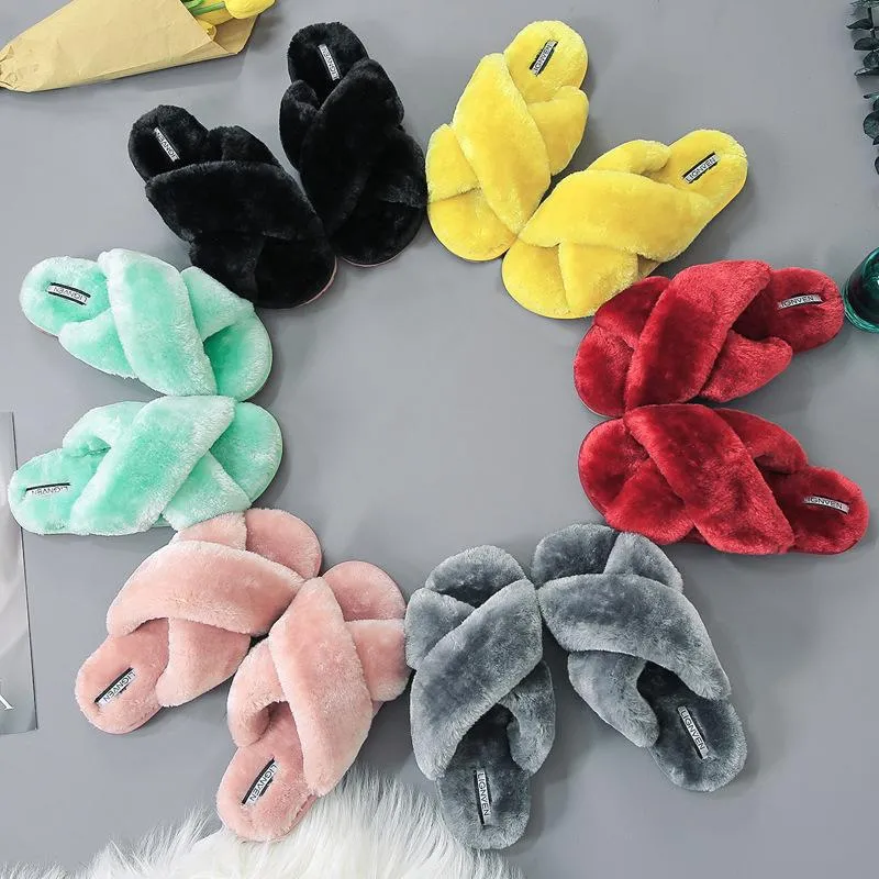Women's fashion criss cross furry slippers winter warm house shoes solid color Slippers Fake