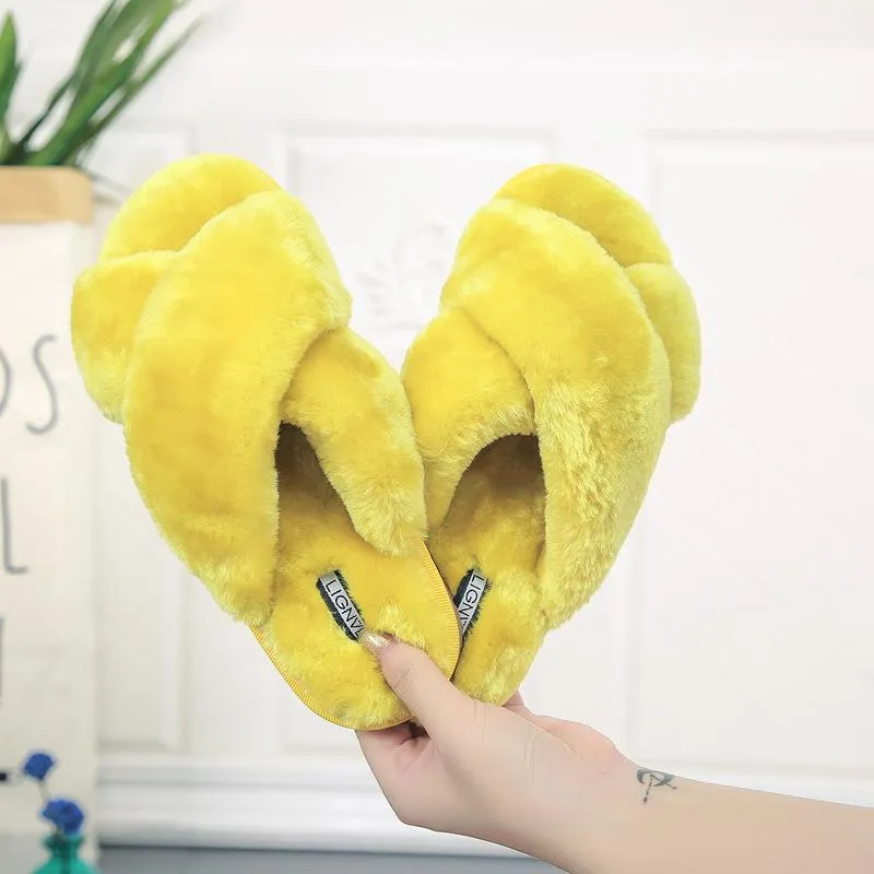 Women's fashion criss cross furry slippers winter warm house shoes solid color Slippers Acorn