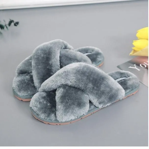 Slippers In Women's fashion criss cross furry slippers winter warm house shoes solid color