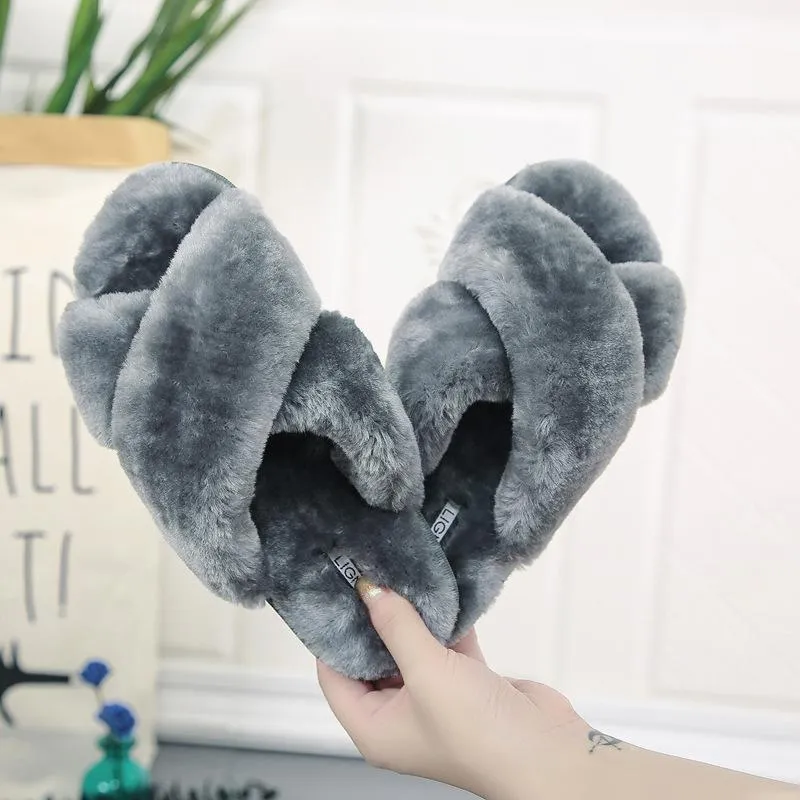Imran Potato Caveman Slippers Women's fashion criss cross furry slippers winter warm house shoes solid color