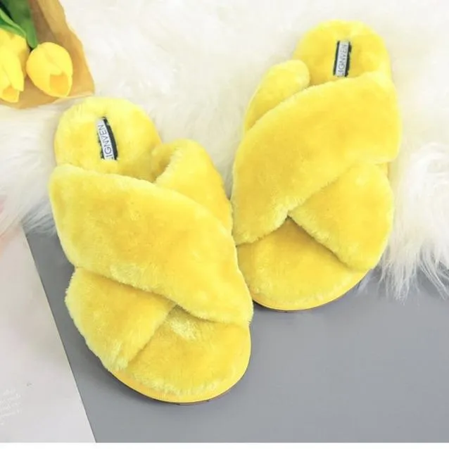 Slippers And Boots Women's fashion criss cross furry slippers winter warm house shoes solid color