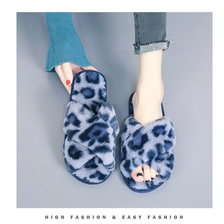 Work Slippers Women's fashion leopard criss cross slippers winter warm fluffy house shoes