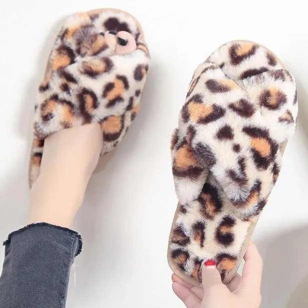 Women's fashion leopard criss cross slippers winter warm fluffy house shoes Rooster Slippers