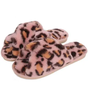 Wash Slippers Women's fashion leopard criss cross slippers winter warm fluffy house shoes