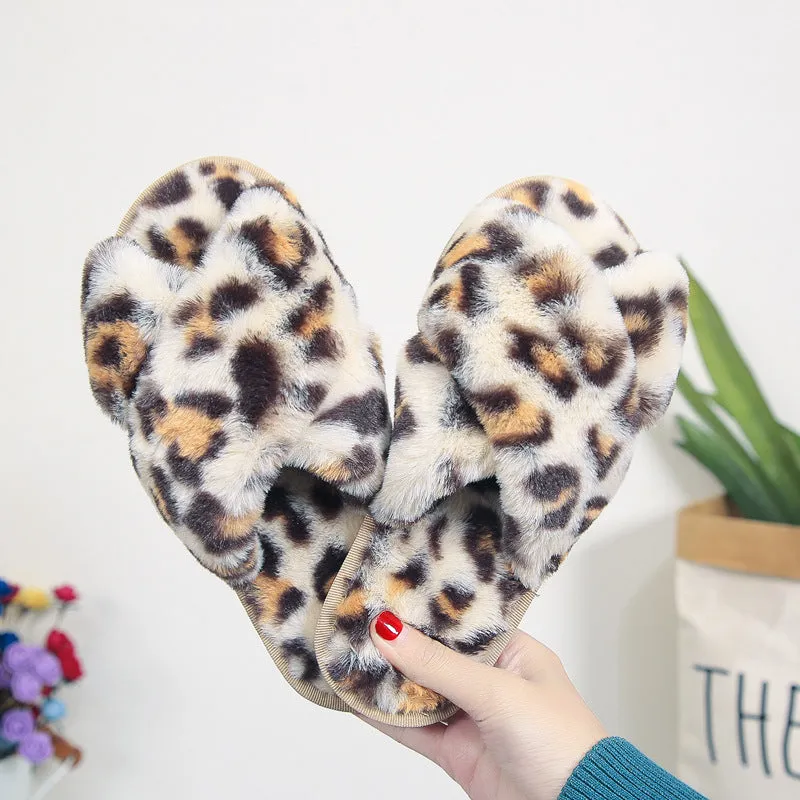 Women's fashion leopard criss cross slippers winter warm fluffy house shoes Ballet Slippers Hanging