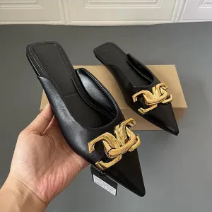 Breathable Slippers Women's Fashionable Pointed Toe Buckle Decorated Flat Slippers 33004057S