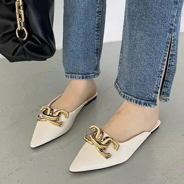 Women's Fashionable Pointed Toe Buckle Decorated Flat Slippers 33004057S Hermes Slide Sandals