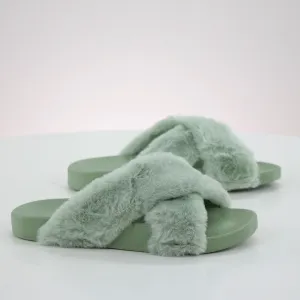 Women's Faux Fur Fluffy Slippers,Green Retro Slides