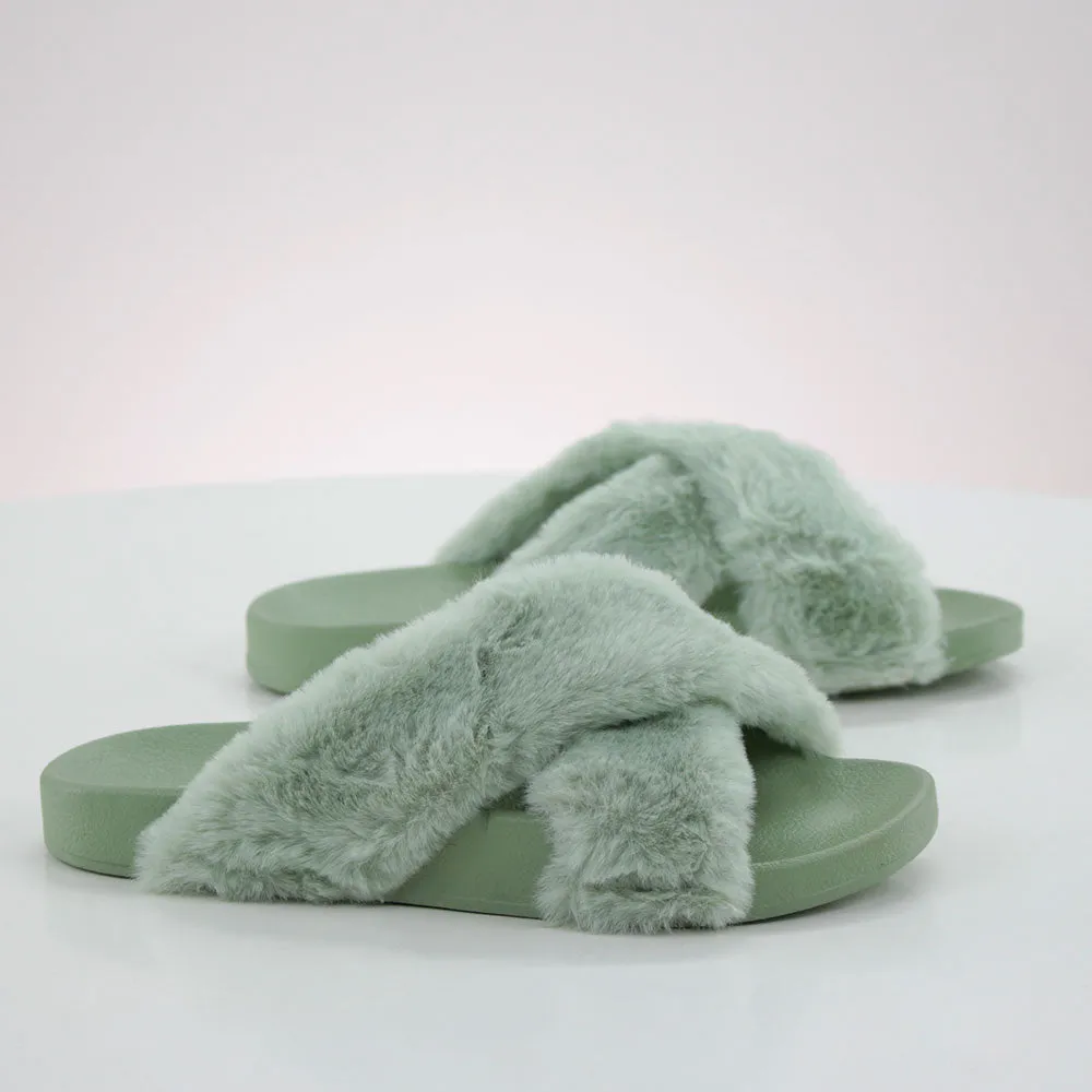 Women's Faux Fur Fluffy Slippers,Green Airmag Slippers