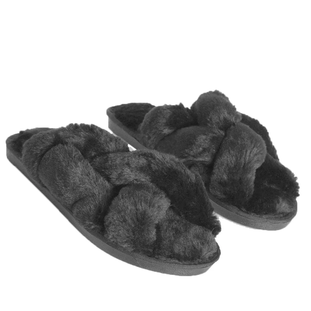 Women's Faux Fur Open Toe Slippers,Black Fitflop Chrissie Slippers
