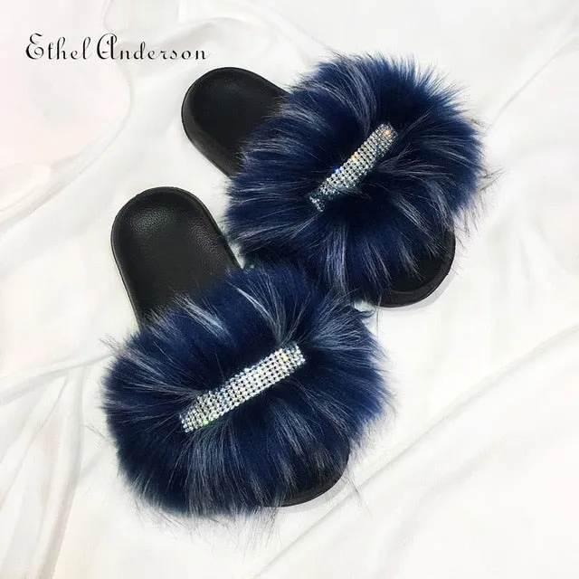 Women's Faux Furry Fur slides Flip Flops Female Slippers Rhinestones Decoration Style Footwear Woman Famous Brand Shoes Custom House Slippers