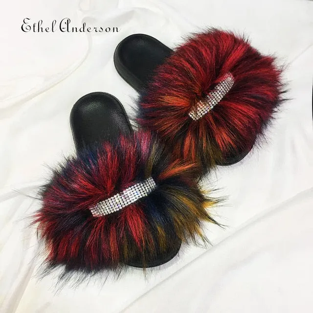 Women's Faux Furry Fur slides Flip Flops Female Slippers Rhinestones Decoration Style Footwear Woman Famous Brand Shoes Build A Bear Slippers