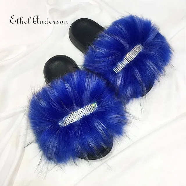 Vionic Slippers Dsw Women's Faux Furry Fur slides Flip Flops Female Slippers Rhinestones Decoration Style Footwear Woman Famous Brand Shoes