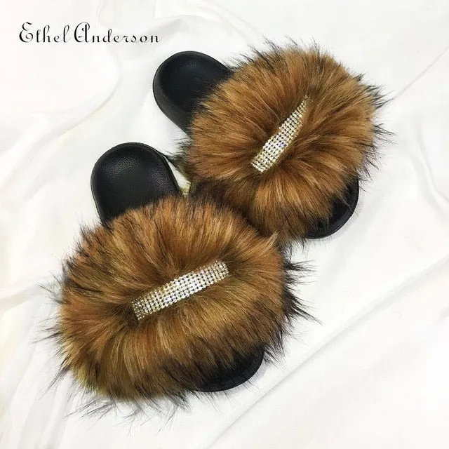 Women's Faux Furry Fur slides Flip Flops Female Slippers Rhinestones Decoration Style Footwear Woman Famous Brand Shoes Ladies Slides