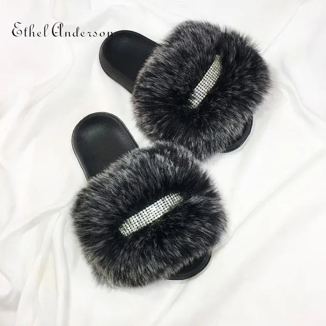 Women's Faux Furry Fur slides Flip Flops Female Slippers Rhinestones Decoration Style Footwear Woman Famous Brand Shoes Feel Slides