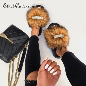 My Slippers Women's Faux Furry Fur slides Flip Flops Female Slippers Rhinestones Decoration Style Footwear Woman Famous Brand Shoes