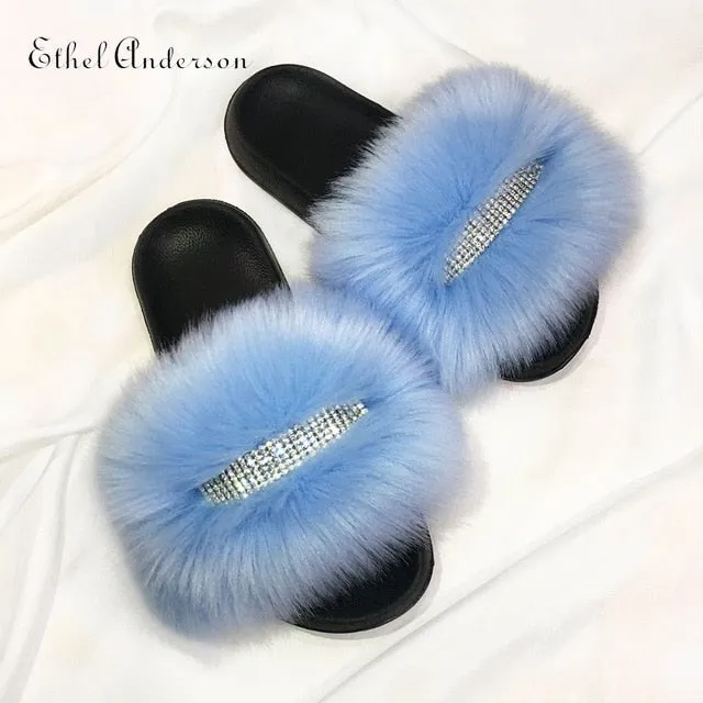 Fluffy Rabbit Slippers Women's Faux Furry Fur slides Flip Flops Female Slippers Rhinestones Decoration Style Footwear Woman Famous Brand Shoes