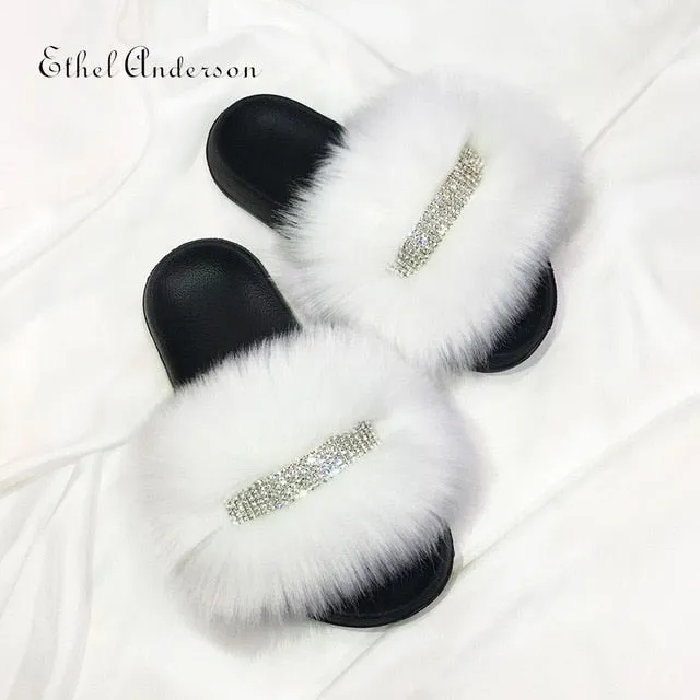 Women's Faux Furry Fur slides Flip Flops Female Slippers Rhinestones Decoration Style Footwear Woman Famous Brand Shoes Moccasins Slippers