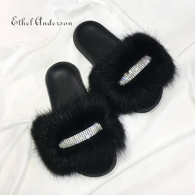Cat With Slippers Women's Faux Furry Fur slides Flip Flops Female Slippers Rhinestones Decoration Style Footwear Woman Famous Brand Shoes