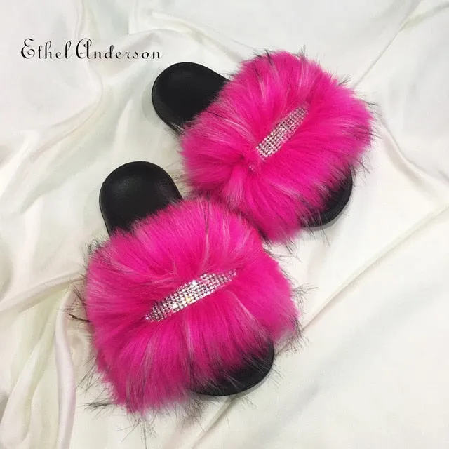Women's Faux Furry Fur slides Flip Flops Female Slippers Rhinestones Decoration Style Footwear Woman Famous Brand Shoes Foal Slippers