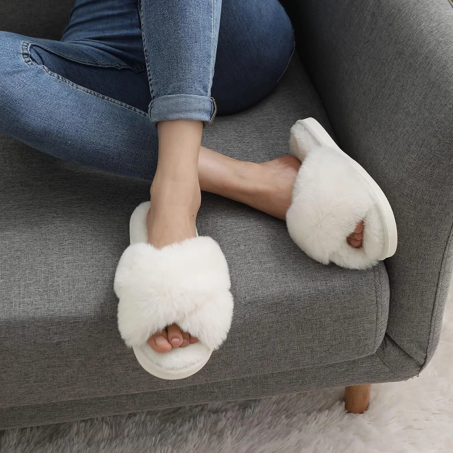 Women'S Fuzzy Slippers Cross Band Memory Foam House Slippers Open Toe Buckle Slippers
