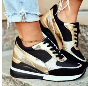 Women's gold black patchwork wedge heel sneakers Cute Dresses To Wear With Sneakers