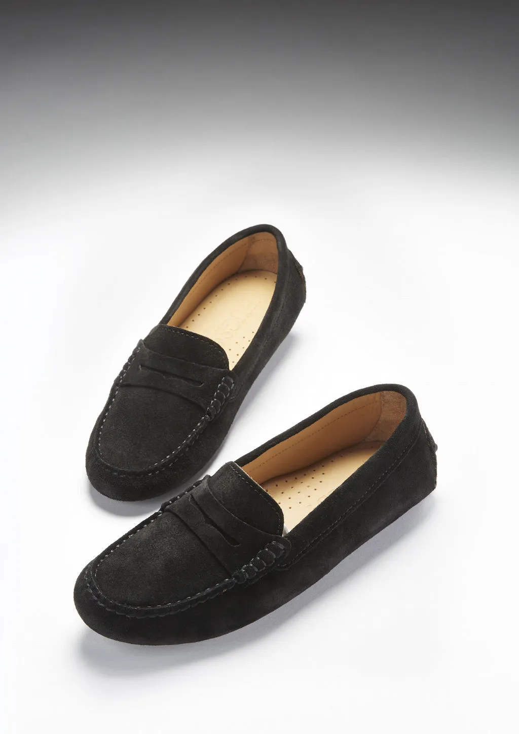 Women's Penny Driving Loafers, black suede Calfskin Tassel Loafers