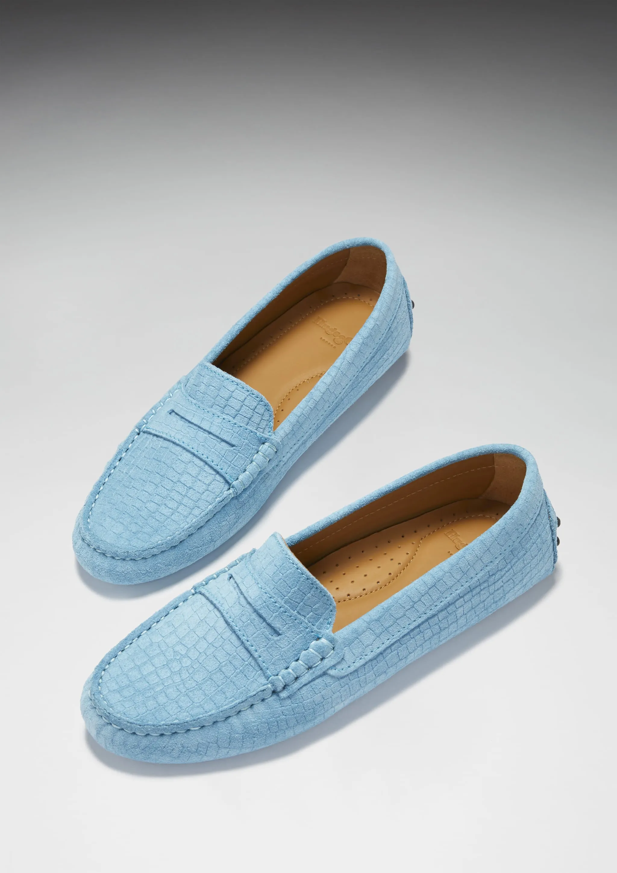 Women's Penny Driving Loafers, blue embossed suede Polka Dot Loafers