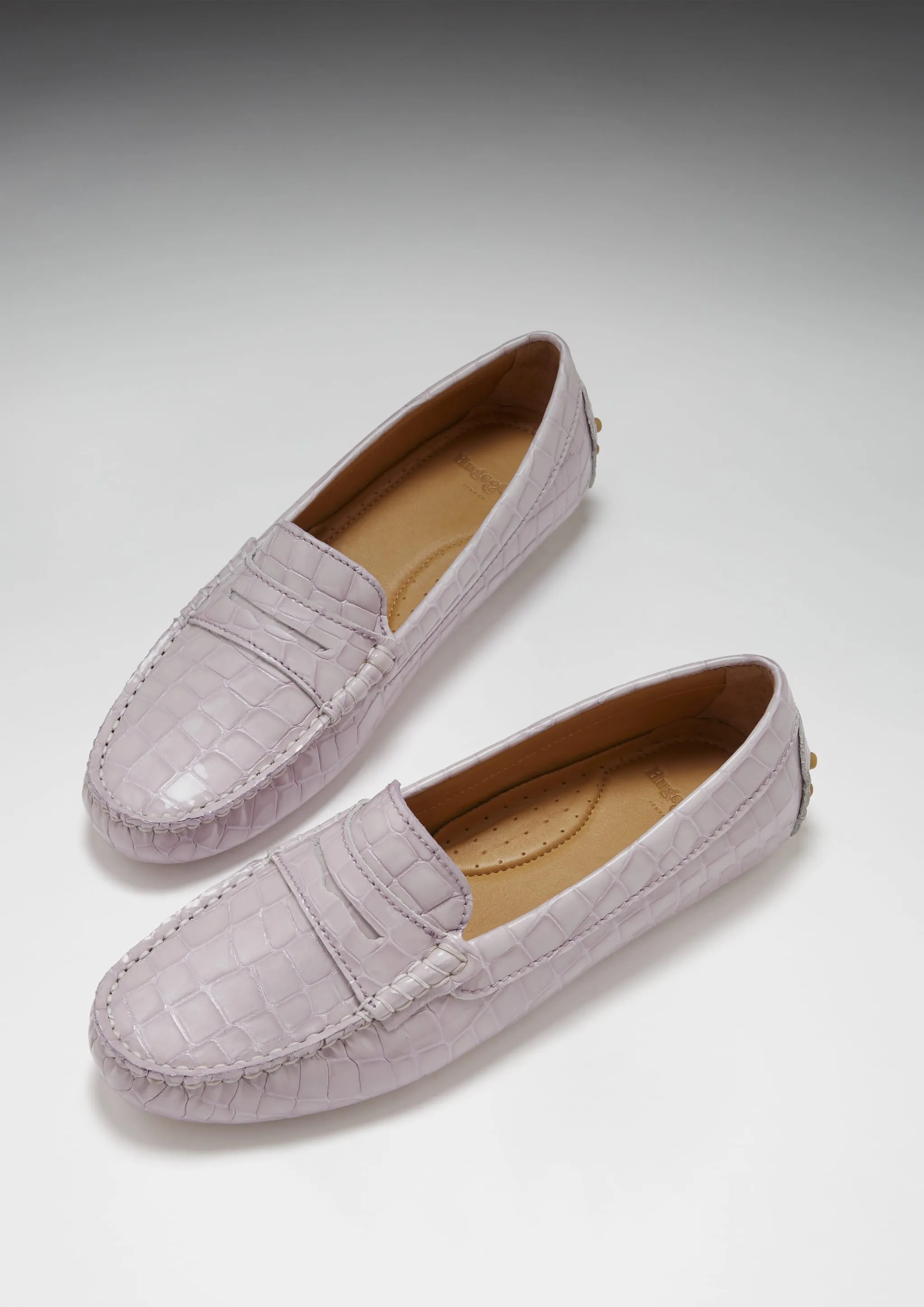Women's Penny Driving Loafers, lilac croc print patent leather Fuzzy Loafers