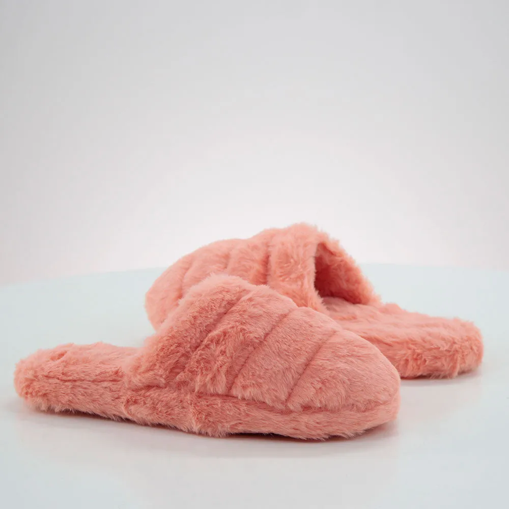 Women's Striped Faux Fur Slippers,Coral Taco Bell Slides