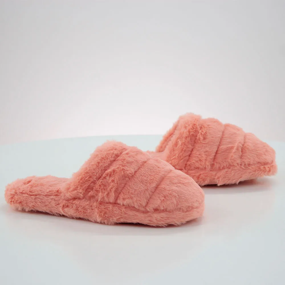 Recovery Slides Women's Striped Faux Fur Slippers,Coral