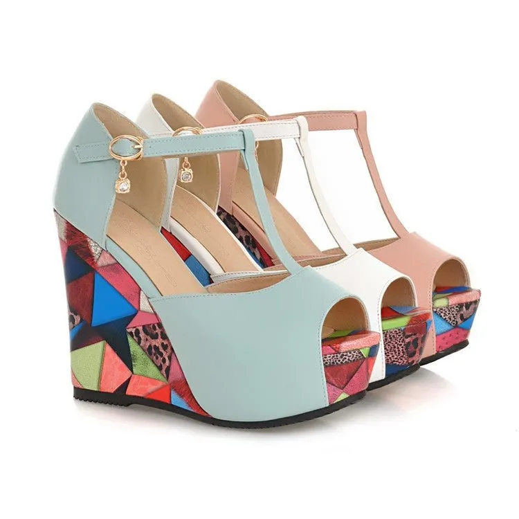 Women's T Strap Platform Wedges High Heel Sandals Meditation Sandals