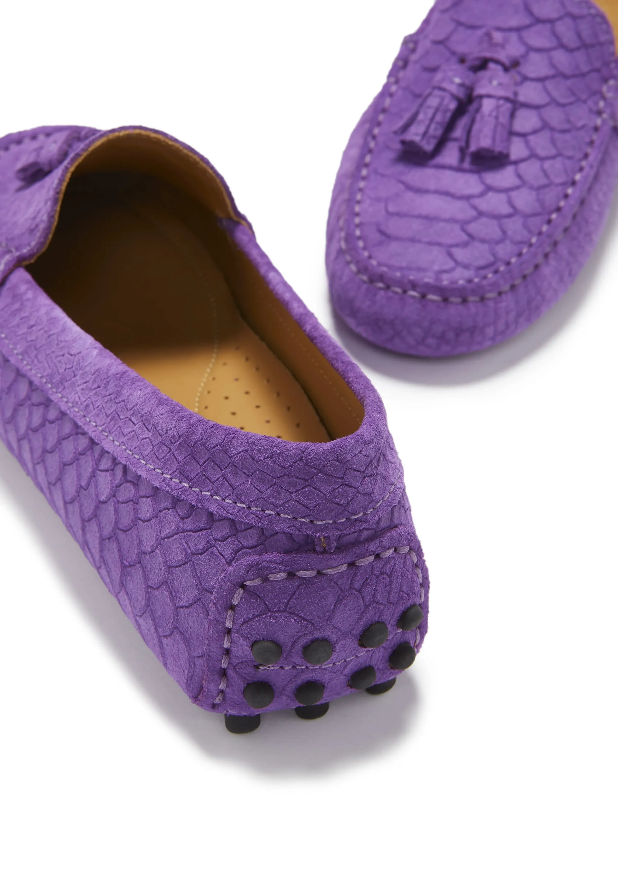 Mk Shoes Loafers Women's Tasselled Driving Loafers, purple embossed suede