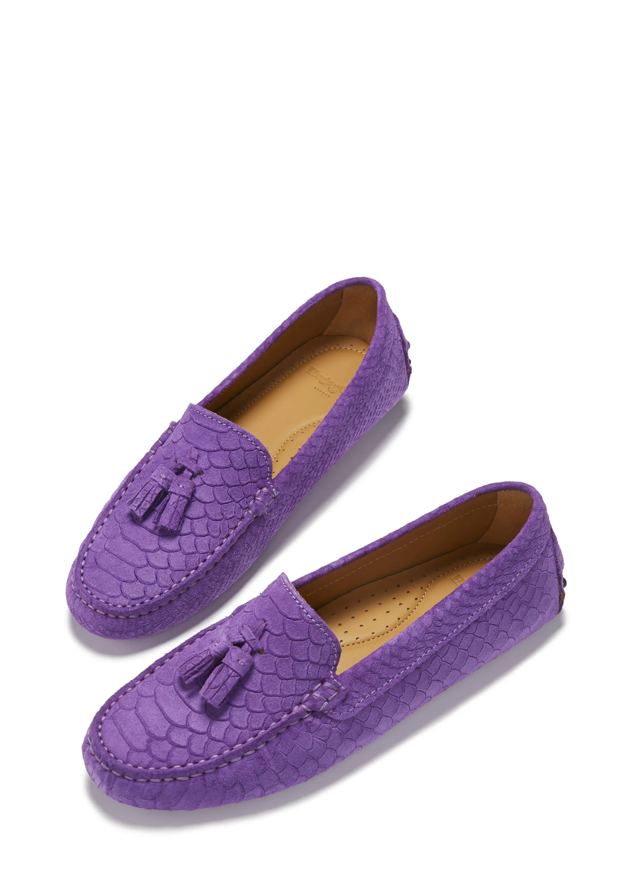 Women's Tasselled Driving Loafers, purple embossed suede Loafers With Navy Suit
