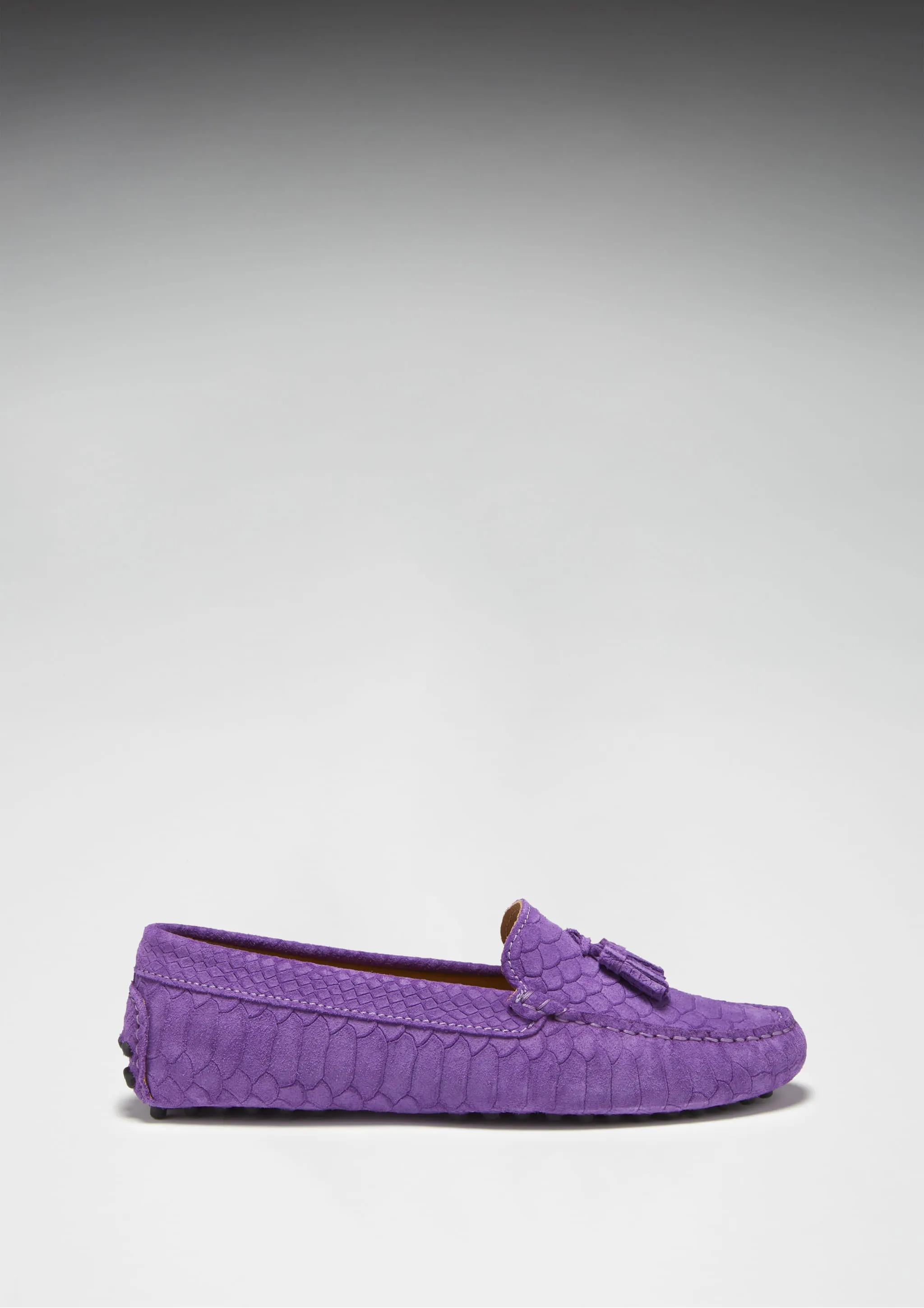 Women's Tasselled Driving Loafers, purple embossed suede Ostrich Loafers