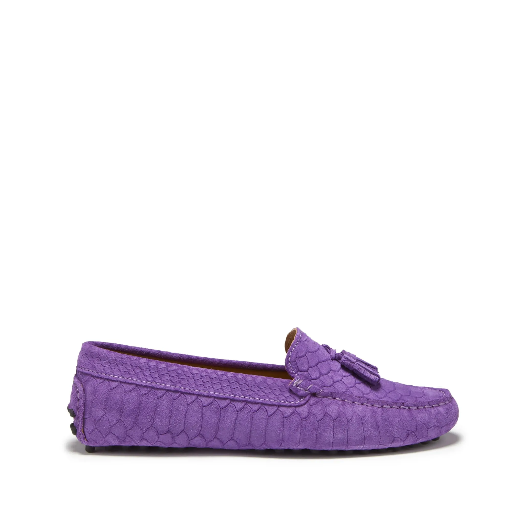 Women's Tasselled Driving Loafers, purple embossed suede Wearing Socks With Loafers