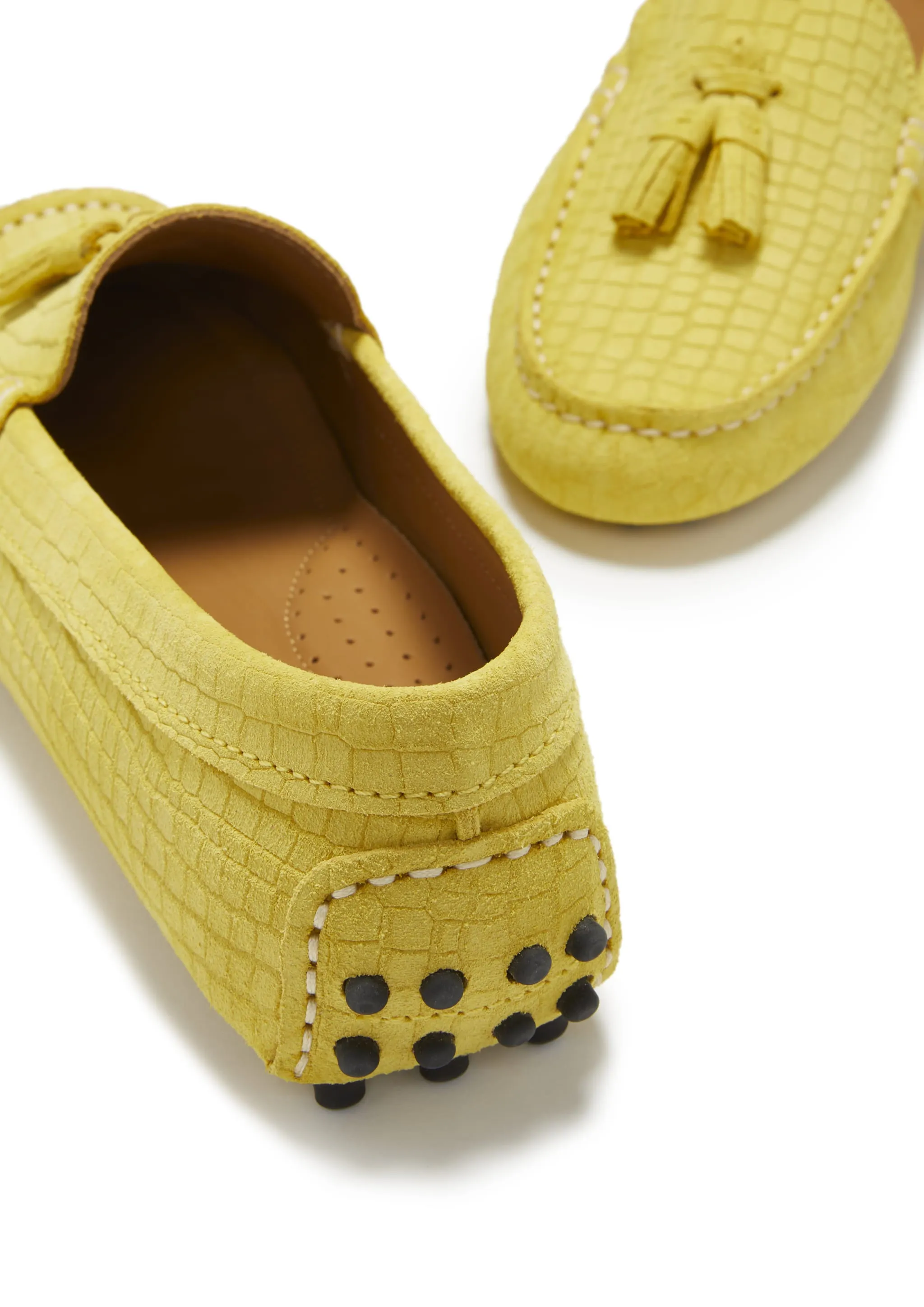 Women's Tasselled Driving Loafers, yellow embossed suede Loafers Shoeplay